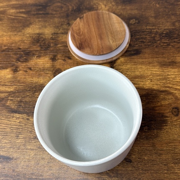 Crate&Barrel Cream Vase with Brown Wooden Lid - Picture 2 of 6